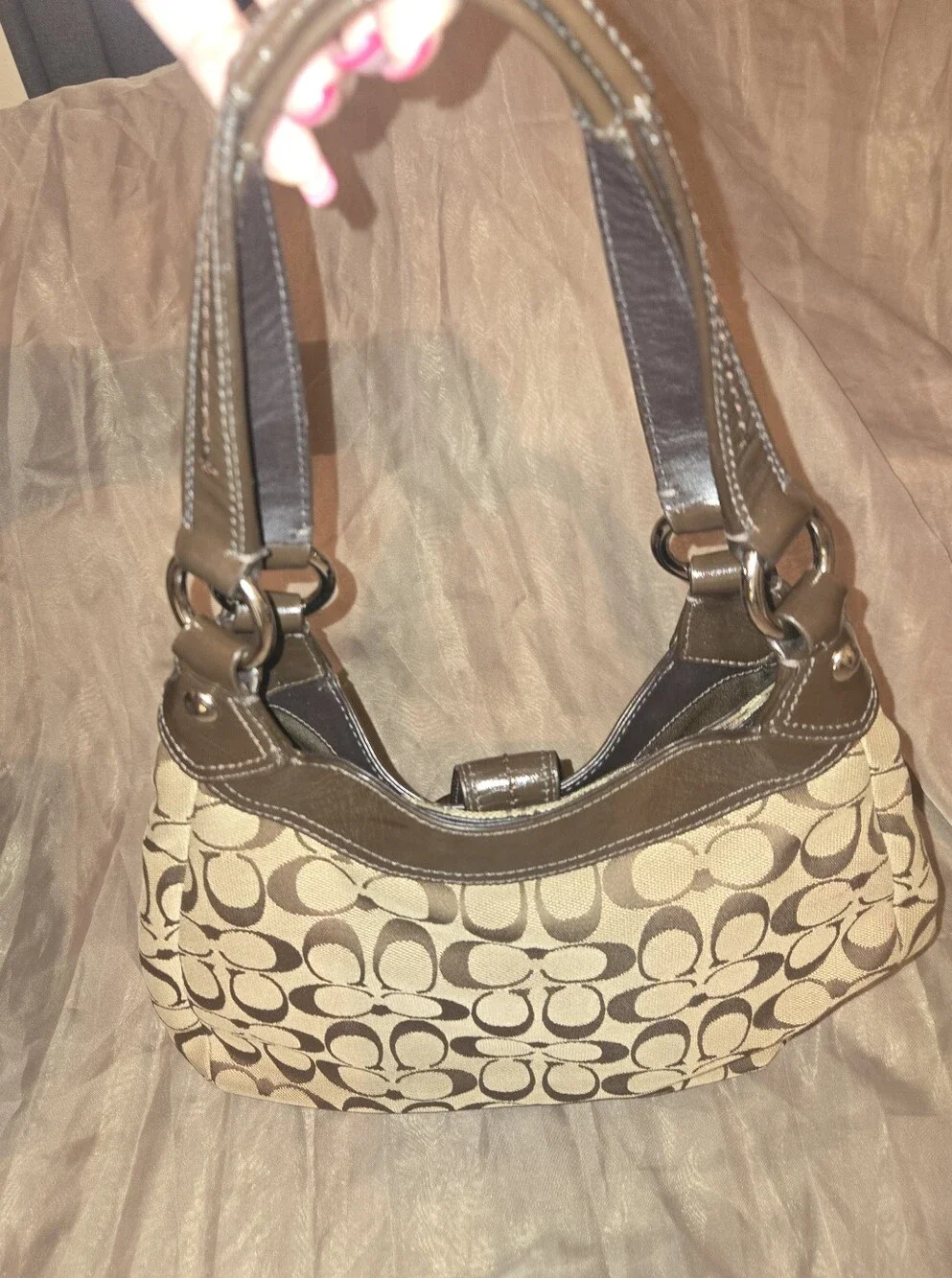 Coach Signature Canvas Hobo Bag in Khaki and Dark Brown